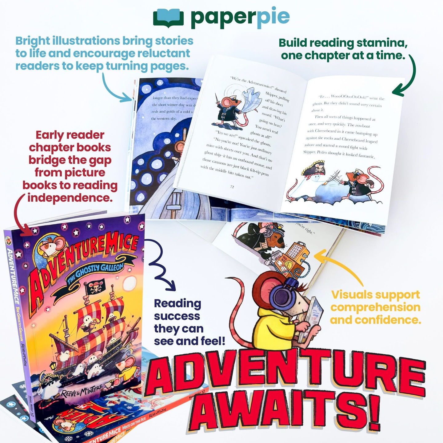 Three more new titles are now available! 🤩

🐭 The Ghostly Galleon is the fifth installment in the Adventure Mice graphic novel series.

🐇 We also have two new titles in a brand new series of board books called Treacle Street - Prima’s Missing Bunnies and Toot, Toot, Hettie! are beautifully illustrated and feature sturdy pages with engaging lift-the-flap elements that invite little ones to explore and discover.